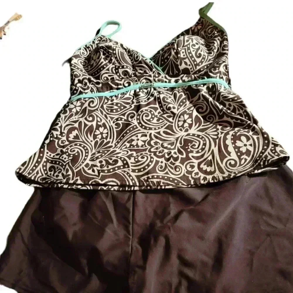 Caribbean Joe 2 Piece Swim Sun Bathing Suit in size 10 Brown Print with accents